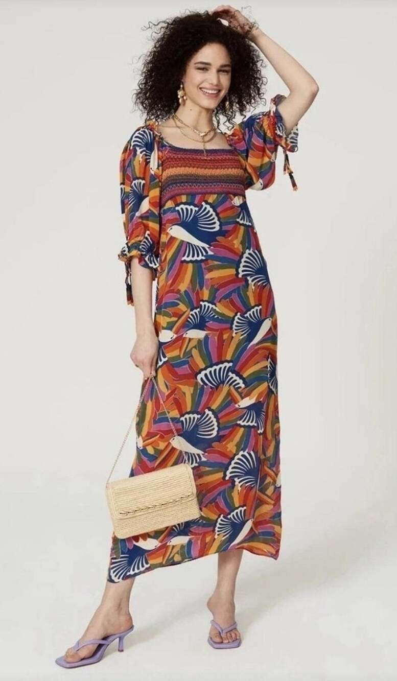 FARM RIO Rainbow Toucans Smocked Maxi Dress Viscose Puff Sleeve Tassel XS